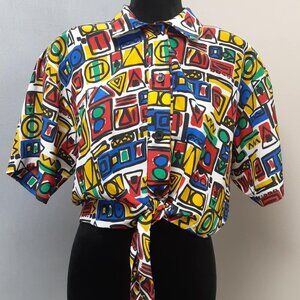 Diane von Furstenberg vintage 80's 90s Colorful abstract tie front crop top